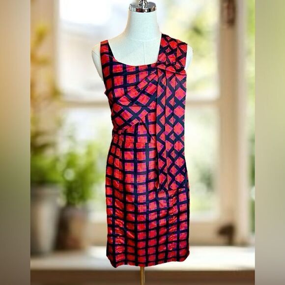 🔥 Marc by Marc Jacobs 100% Silk Sash Red Check Cocktail Dress Size 2 - Picture 6 of 13